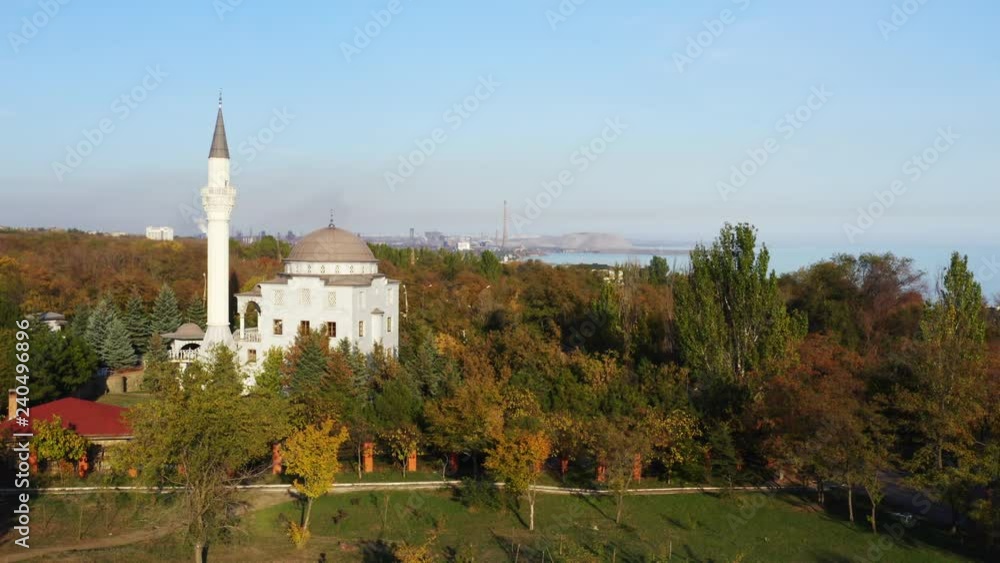 Public park in the fall. There is a mosque in the park. Mariupol Ukraine. Aerial video. Public park in the fall. There is a mosque in the park. Mariupol Ukraine. Aerial video.