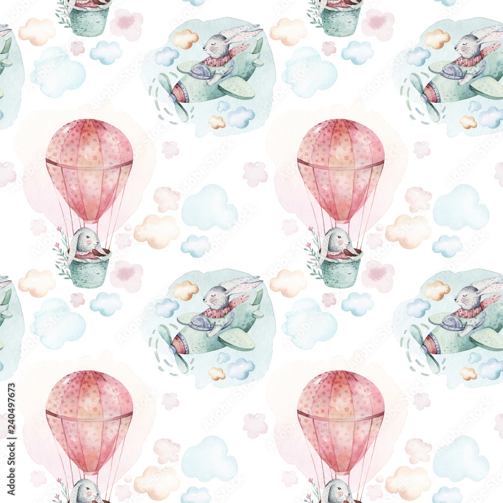 Hand drawing fly cute easter pilot bunny watercolor cartoon bunnies with airplane and balloon in the sky textile pattern. Turquoise watercolour textile illustration decoration