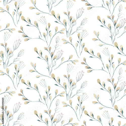 Seamless pattern with spring willow flowers and leaves. Easter Hand drawn background with pussy-willow branch. floral pattern for wallpaper or fabric.