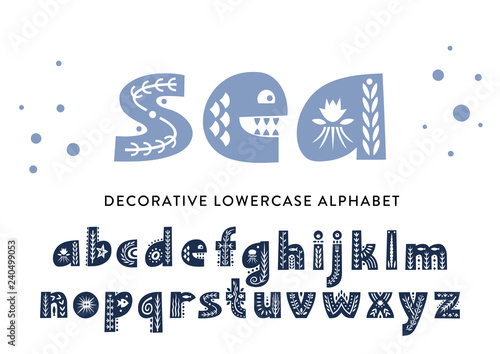 Vector lowercase alphabet decorated with sea patterns