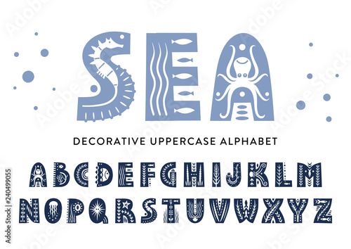 Vector uppercase alphabet decorated with sea patterns