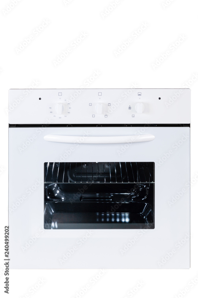 Fototapeta premium Built-In Gas Oven Isolated on White Background. Front View of Stainless Steel Oven with a Large-Capacity Warming Drawer. Range Cooker.