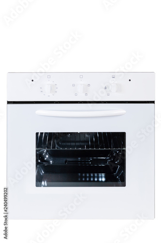Built-In Gas Oven Isolated on White Background. Front View of Stainless Steel Oven with a Large-Capacity Warming Drawer. Range Cooker.