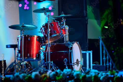 Close-up of musical drum set is ready to play in a live stage programmed.