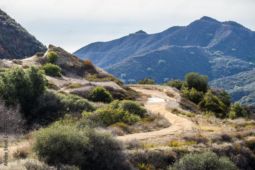 Fototapeta premium Trail through scenic mountains in Topanga, California 