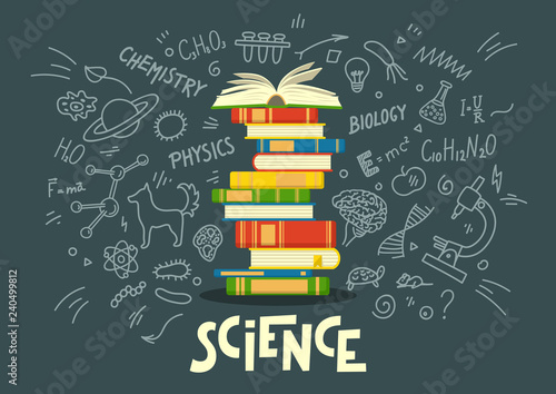 Stack of books with science education doodles 