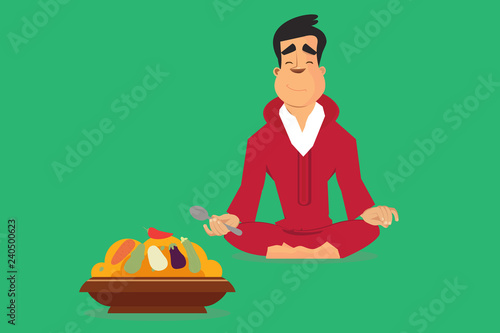 Moroccan man wearing a red jellaba sitting on the floor eating Moroccan couscous