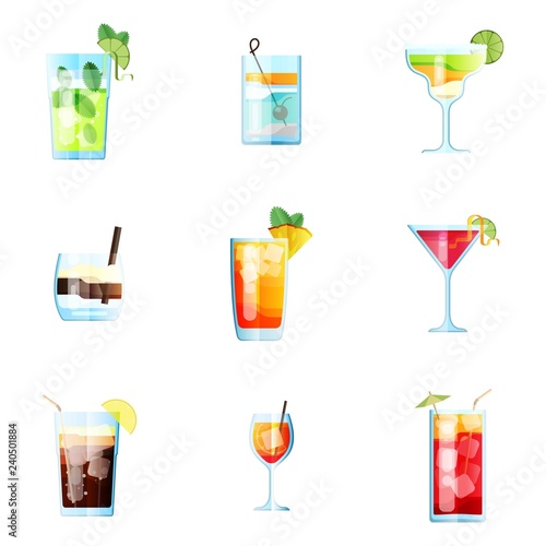 Set of Nine Tropical Cocktails. Mojito, Tom Collins, Margarita