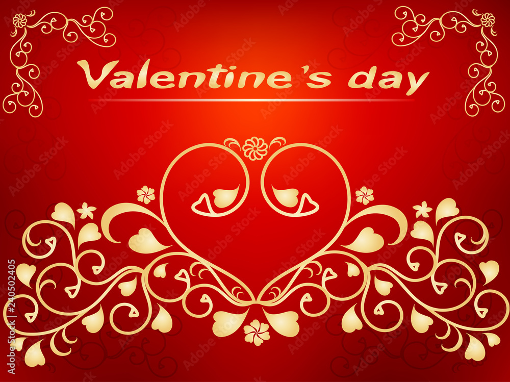 Valentine's day card. Gold heart and pattern on a red background Valentine's day card. Gold heart and pattern on a red background
