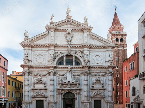 VENICE, ITALY, NOV 1st 2018: Basilica or church di San Moise or exterior view. Perspective facade or front view. Ancient baroque venetian or italian exterior architecture.