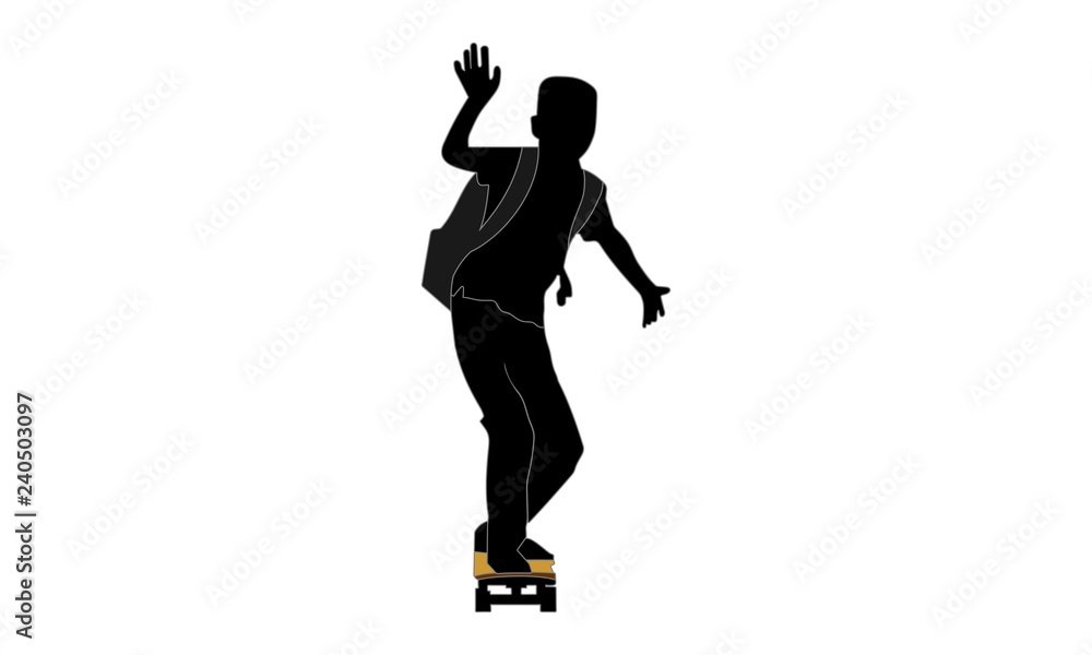 Silhouette pictures of students going to school by skateboard.