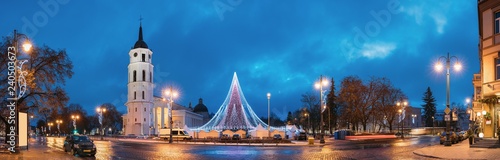 Vilnius, Lithuania. Christmas Tree On Background Bell Tower Belf photo