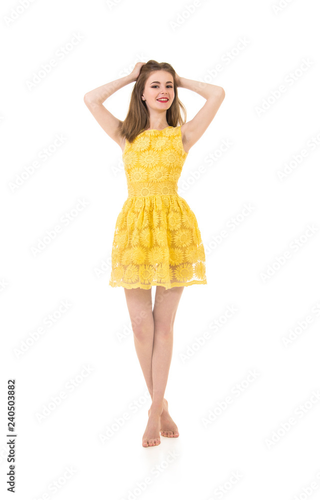 Emotional young girl with light summer dress with long hair. Emotional young girl with light summer dress with long hair.
