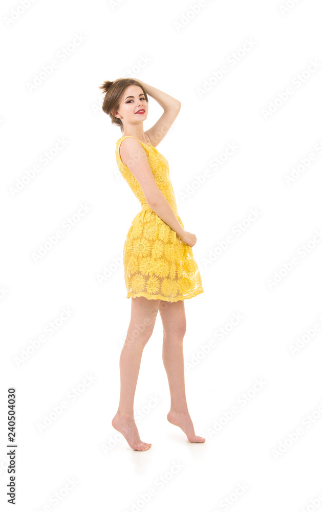 Emotional young girl with light summer dress with long hair. Emotional young girl with light summer dress with long hair.