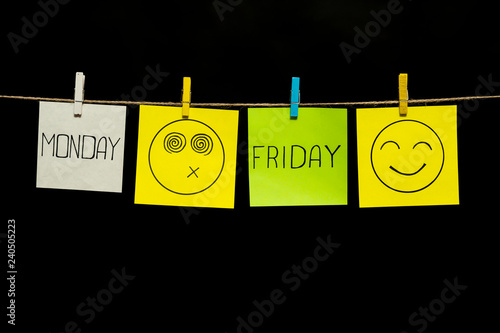 Copy space. Four sticker. Monday and friday. Smileys positive and negative. Beginning and end of the working week. Stickers attached to a rope clothespins.