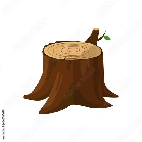 Wooden stump with green leaf illustration. Growth, tree trunk, root. Wood concept. Can be used for topics like forest, nature, timber cutting