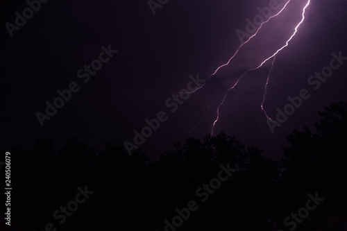 Lightning falling behind some trees during a stormy night