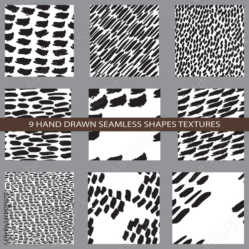 9 Hand drawn shapes textures. Universal design for flyers, wrapping, visit cards, packaging and cards