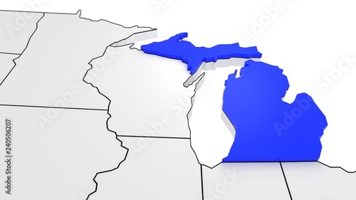 Michigan state highlighted in blue on 3D map of the United States