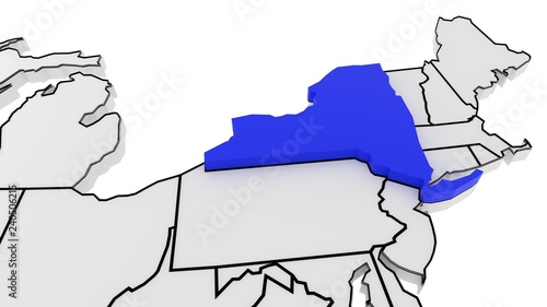 New York state highlighted in blue on 3D map of the United States