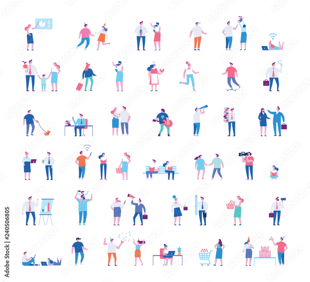 Different people characters big vector set. Flat vector illustration isolated on white.