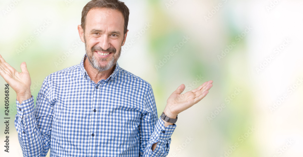 Handsome middle age elegant senior man over isolated background Smiling showing both hands open palms, presenting and advertising comparison and balance Handsome middle age elegant senior man over isolated background Smiling showing both hands open palms, presenting and advertising comparison and balance
