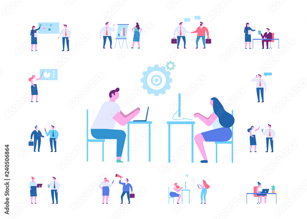Business people character set. Teamwork. Working together in the company. Brainstorming, searching for new ideas solutions. Flat vector illustration isolated on white. Business people character set. Teamwork. Working together in the company. Brainstorming, searching for new ideas solutions. Flat vector illustration isolated on white.