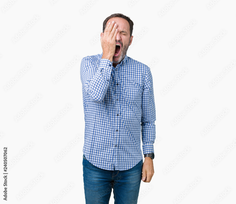 Handsome middle age elegant senior man over isolated background Yawning tired covering half face, eye and mouth with hand. Face hurts in pain. Handsome middle age elegant senior man over isolated background Yawning tired covering half face, eye and mouth with hand. Face hurts in pain.