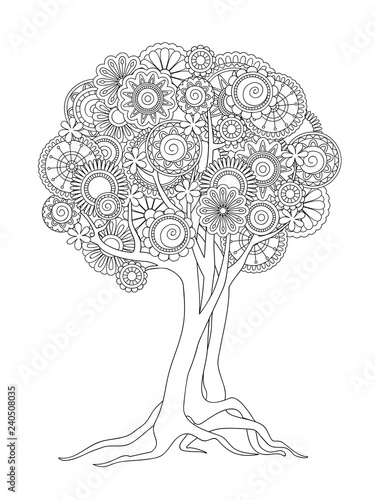 tangled tree with mandalas and flowers