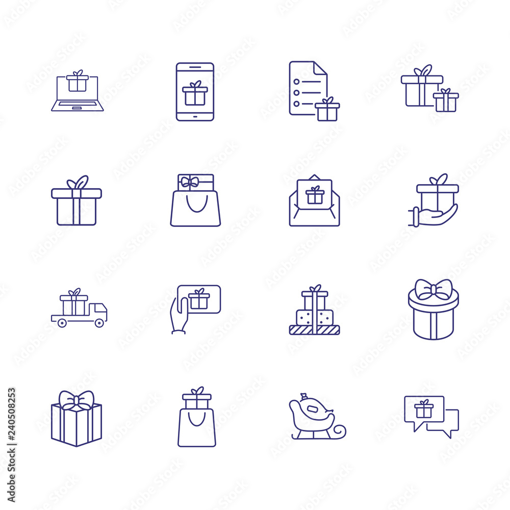 Giving gifts line icon set. Present box, vehicle, shopping bag, hand, gadget. Celebration concept. Can be used for topics like delivery, shipping, online store