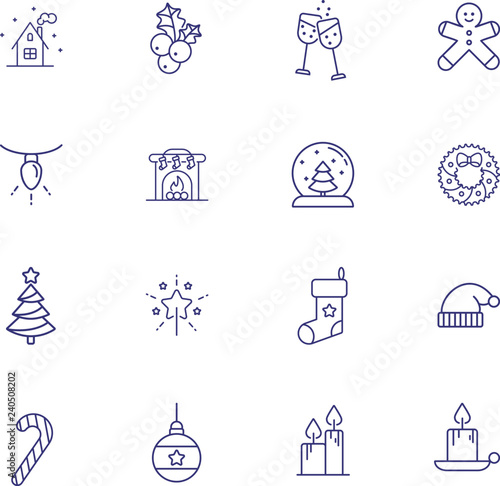 Christmas line icon set. Mistletoe, gingerbread, stocking, candle. Celebration concept. Can be used for topics like Xmas eve, home party, ornament