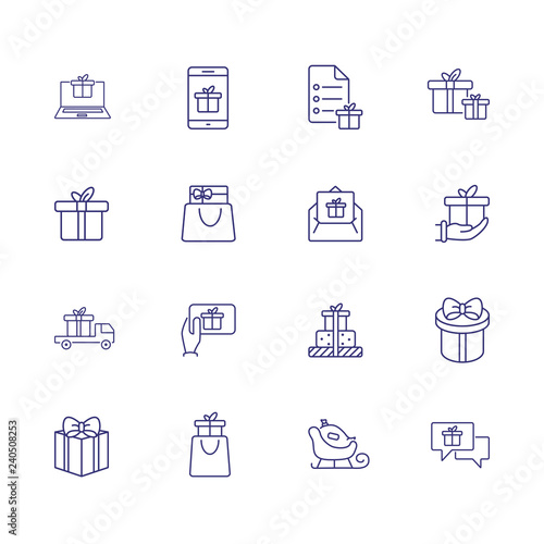 Giving gifts line icon set. Present box, vehicle, shopping bag, hand, gadget. Celebration concept. Can be used for topics like delivery, shipping, online store