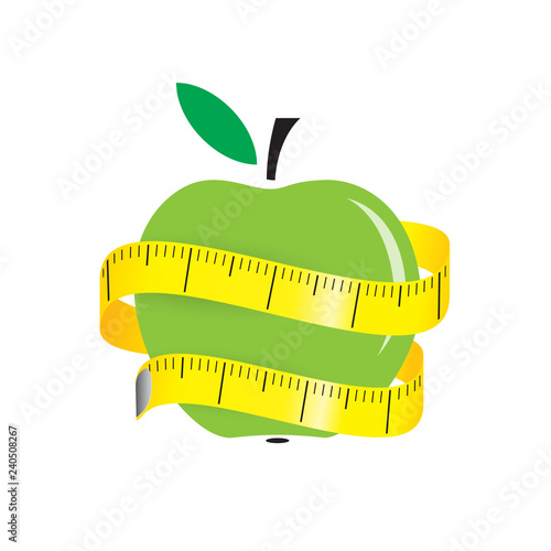 illustration of measuring tape around fresh green apple. Diet concept. Vector illustration