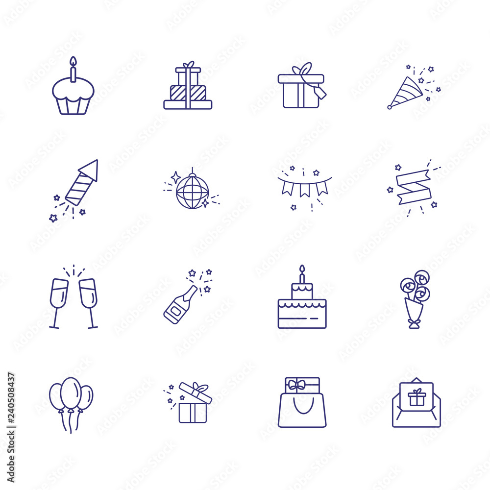 Wedding day line icon set. Gifts, cake, couple of flutes. Celebration concept. Can be used for topics like party, holiday, decoration, special day Wedding day line icon set. Gifts, cake, couple of flutes. Celebration concept. Can be used for topics like party, holiday, decoration, special day