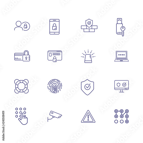 Security system line icon set. Alarm signal, credit card, memory stick with key. Protection concept. Can be used for topics like secured payment, data safety, protected access