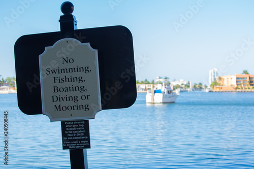 No Swimming, Fishing, Boating, Diving, Sign. Apartment Rules