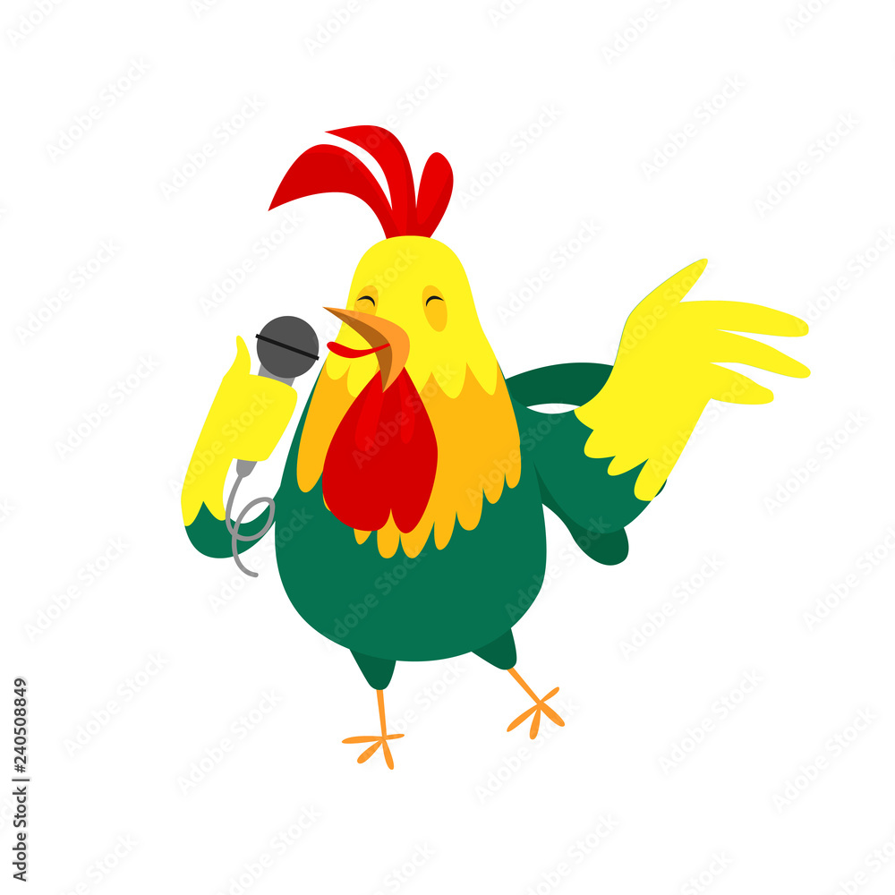 Cute cock singing in microphone. Entertainment concept. Vector illustration can be used for topics like performance, leisure, hobby