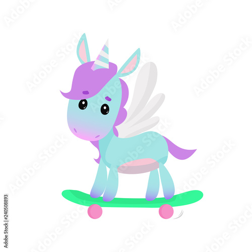 Cute unicorn on skateboard. Fairytale concept. Vector illustration can be used for topics like magic, fantasy, hobby © PCH.Vector