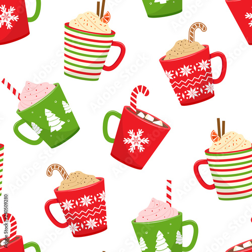 Winter holiday seamless pattern with cups with hot drink. Vector illustration