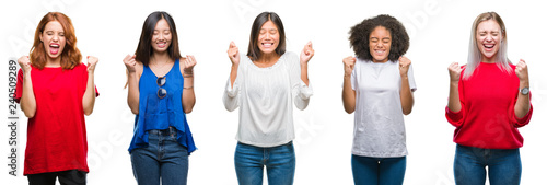 Collage of group of beautiful Chinese  asian  african american  caucasian women over isolated background excited for success with arms raised celebrating victory smiling. Winner concept.