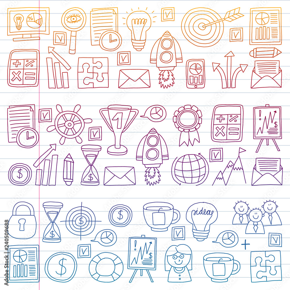 Vector set of bussines icons in doodle style. colorful gradient on a piece of paper in line. Vector set of bussines icons in doodle style. colorful gradient on a piece of paper in line.