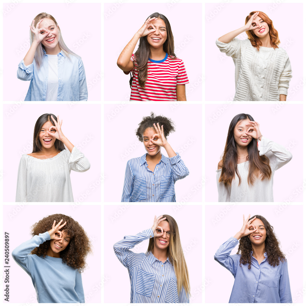 Collage of young women over pink isolated background doing ok gesture with hand smiling, eye looking through fingers with happy face. Collage of young women over pink isolated background doing ok gesture with hand smiling, eye looking through fingers with happy face.