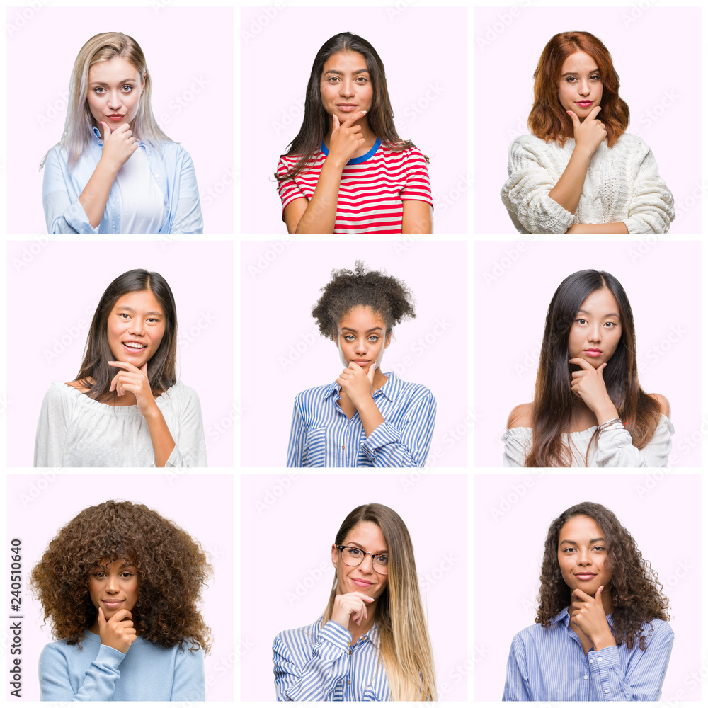 Collage of young women over pink isolated background looking confident at the camera with smile with crossed arms and hand raised on chin. Thinking positive. Collage of young women over pink isolated background looking confident at the camera with smile with crossed arms and hand raised on chin. Thinking positive.