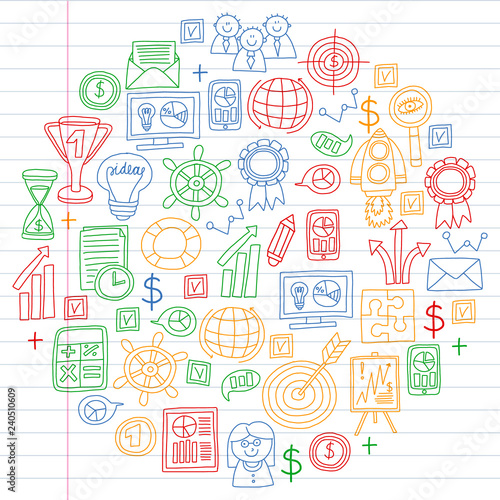 Vector set of bussines icons in doodle style. colorful gradient on a piece of paper in line.
