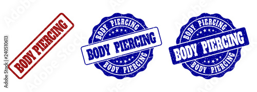 BODY PIERCING grunge stamp seals in red and blue colors. Vector BODY PIERCING signs with grainy texture. Graphic elements are rounded rectangles, rosettes, circles and text captions.