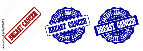 BREAST CANCER grunge stamp seals in red and blue colors. Vector BREAST CANCER labels with dirty surface. Graphic elements are rounded rectangles, rosettes, circles and text labels.