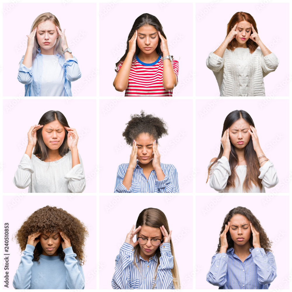 Collage of young women over pink isolated background with hand on head for pain in head because stress. Suffering migraine. Collage of young women over pink isolated background with hand on head for pain in head because stress. Suffering migraine.