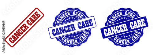 CANCER CARE grunge stamp seals in red and blue colors. Vector CANCER CARE overlays with grunge surface. Graphic elements are rounded rectangles, rosettes, circles and text captions.