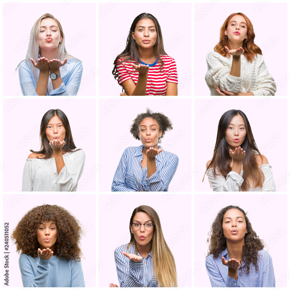 Collage of young women over pink isolated background looking at the camera blowing a kiss with hand on air being lovely and sexy. Love expression. Collage of young women over pink isolated background looking at the camera blowing a kiss with hand on air being lovely and sexy. Love expression.