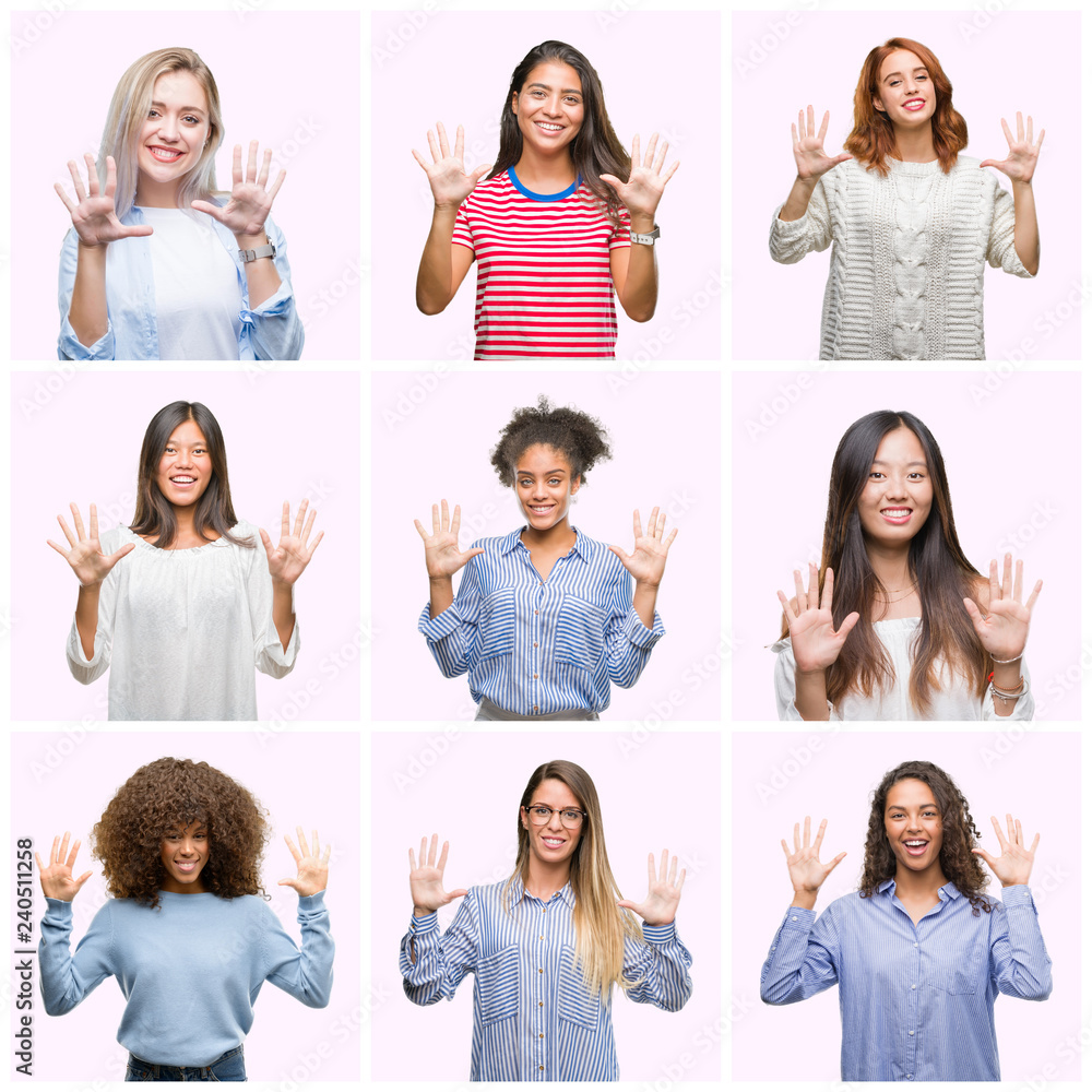 Collage of young women over pink isolated background showing and pointing up with fingers number ten while smiling confident and happy. Collage of young women over pink isolated background showing and pointing up with fingers number ten while smiling confident and happy.